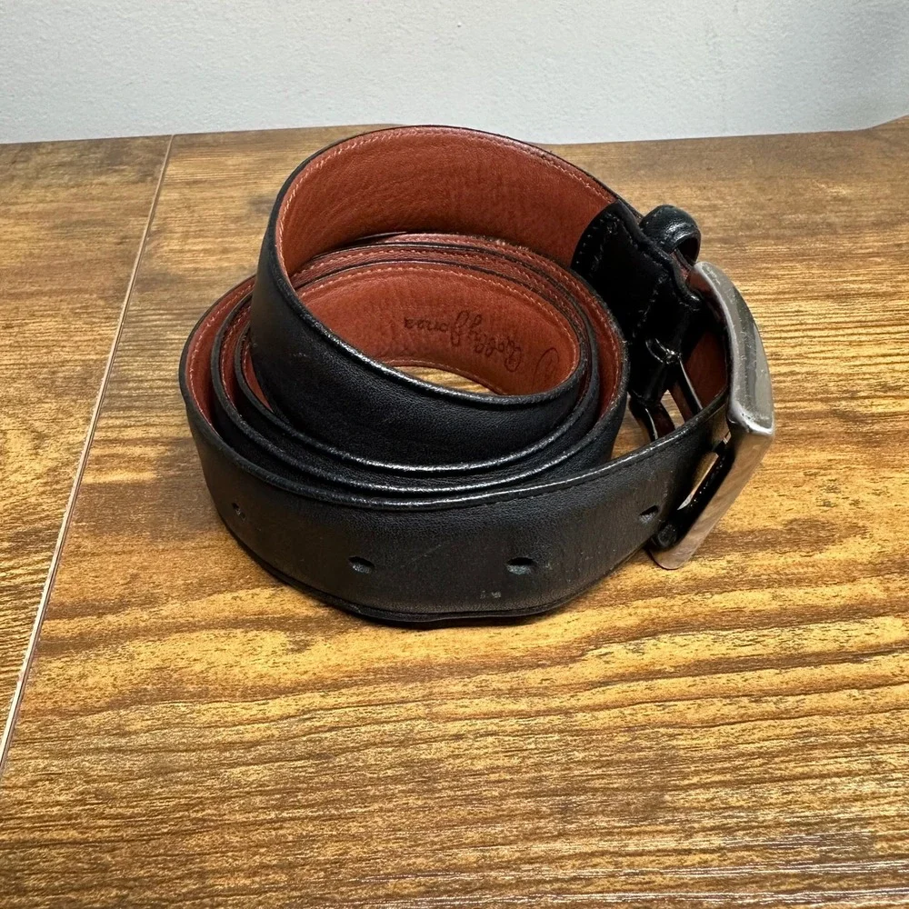Bobby Jones Mens Black Leather Belt Silver Tone Solid Brass Buckle Size 36‎ 90